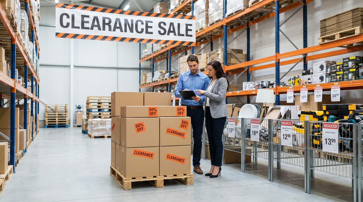 Clearance sale section in warehouse with discounted inventory