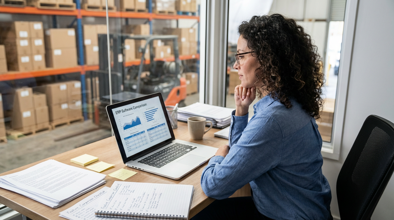 Business owner evaluating ERP software options in warehouse office