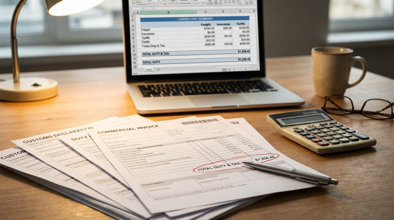 Import documents including customs declaration and commercial invoices