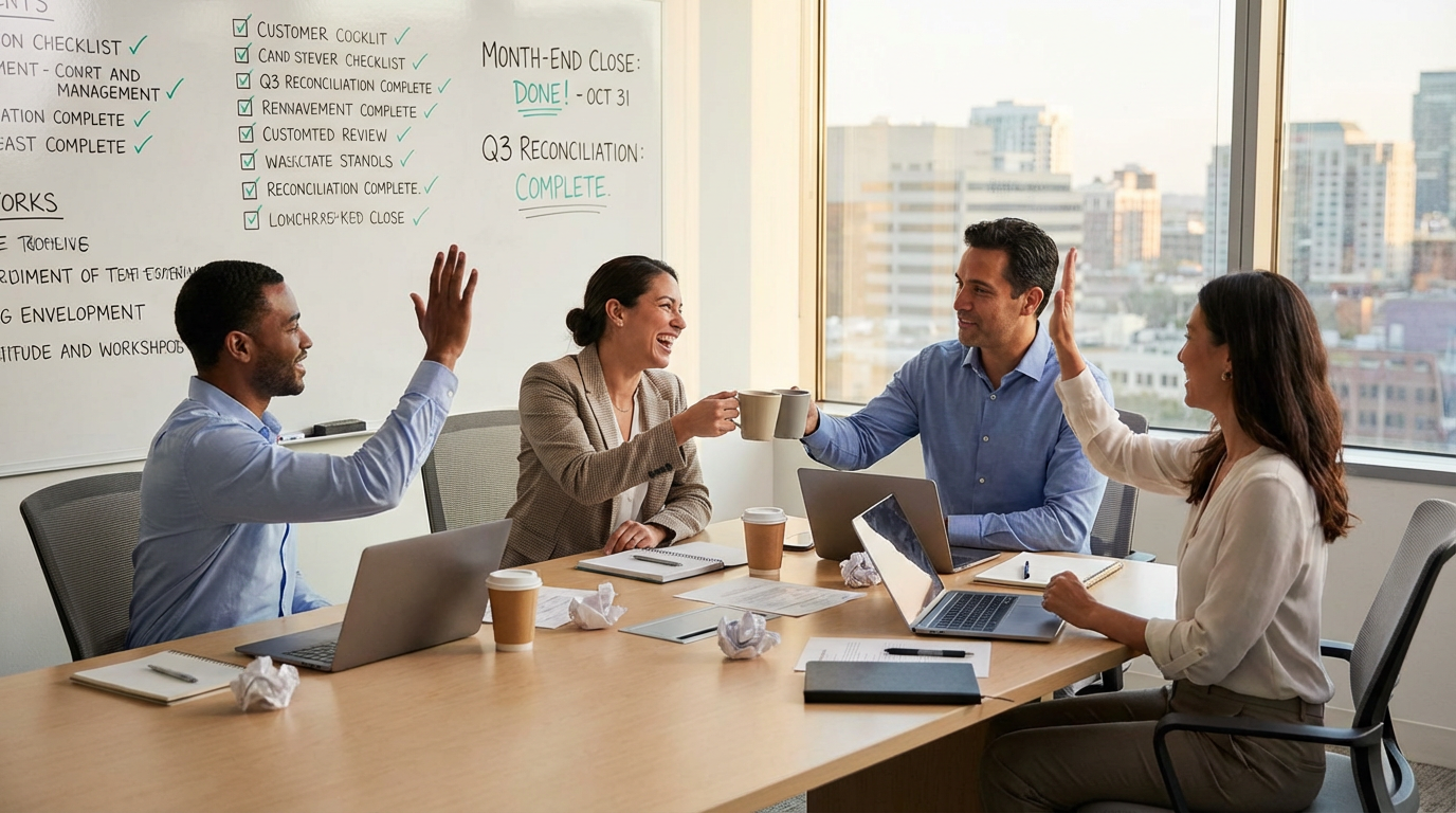 Finance team celebrating completed month-end close