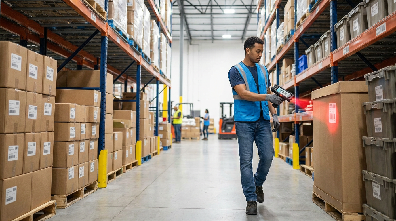 Warehouse worker scanning barcodes during inventory transfer