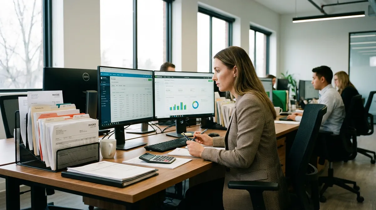 Accountant working with financial software showing ledgers and charts on dual monitors