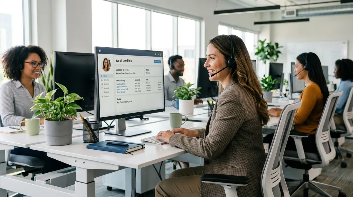 Customer service representative viewing customer profile and order history on screen