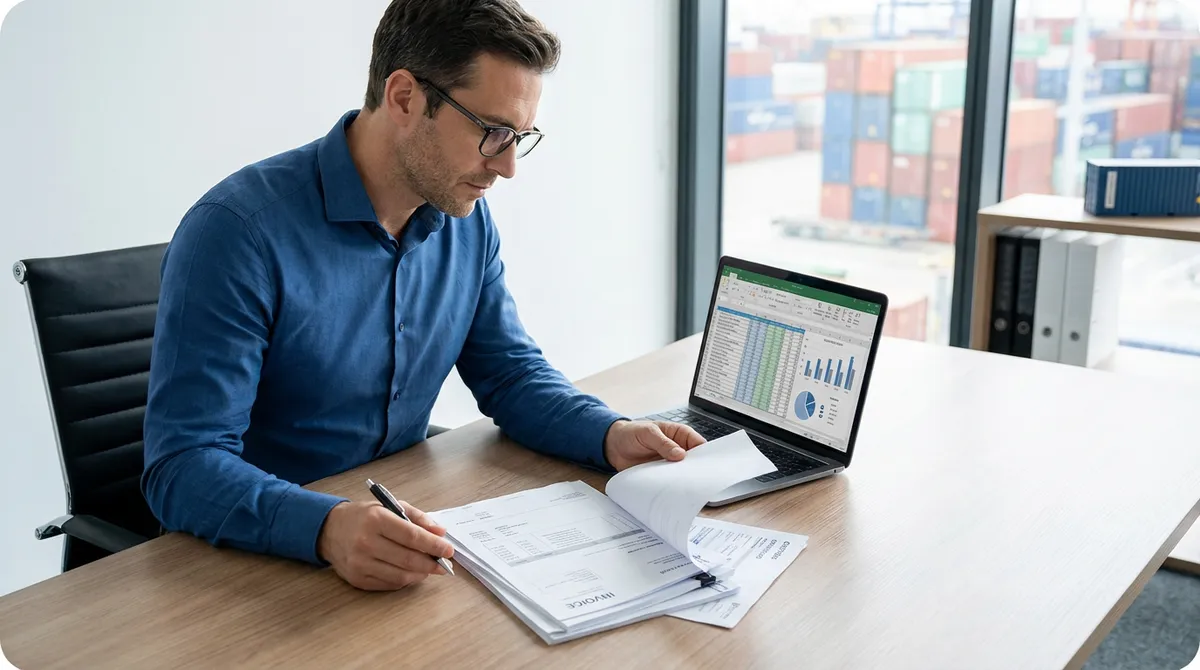 Import specialist reviewing shipping documents and calculating landed costs with shipping containers in background