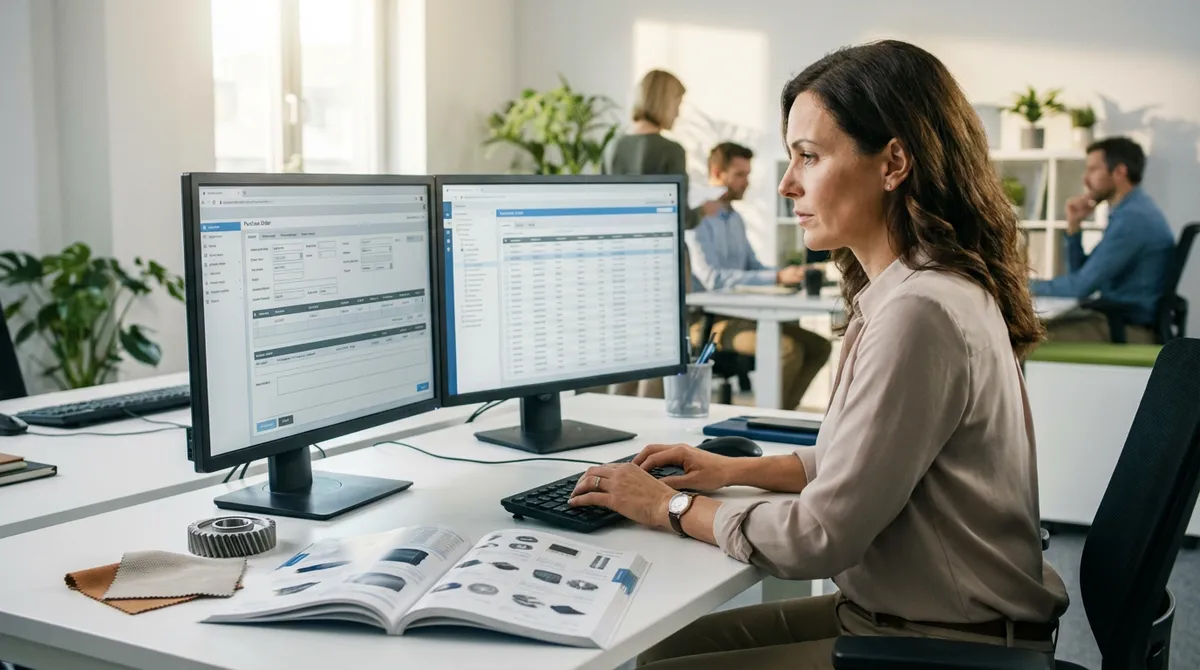 Purchasing professional creating purchase order on dual monitor setup