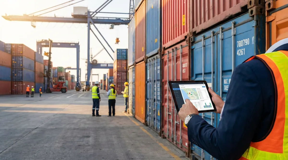 Logistics professional tracking shipments on tablet at shipping container port