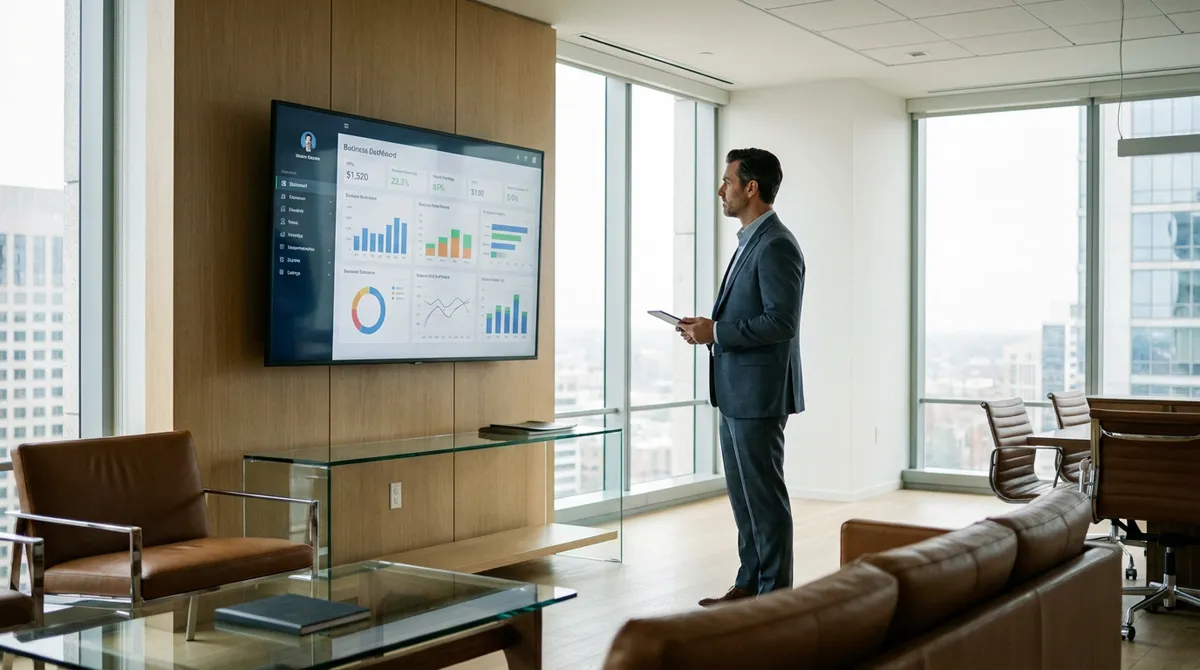 Business executive reviewing KPI dashboard on large wall-mounted screen in modern office