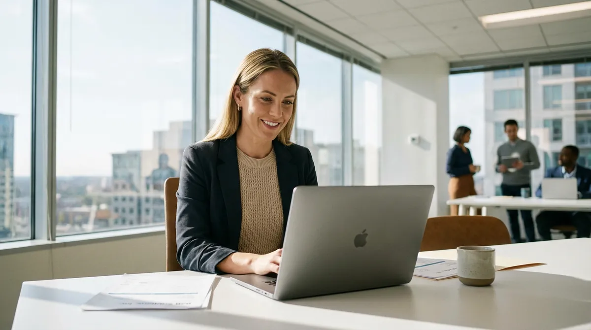 Sales professional creating a quote on laptop in modern office