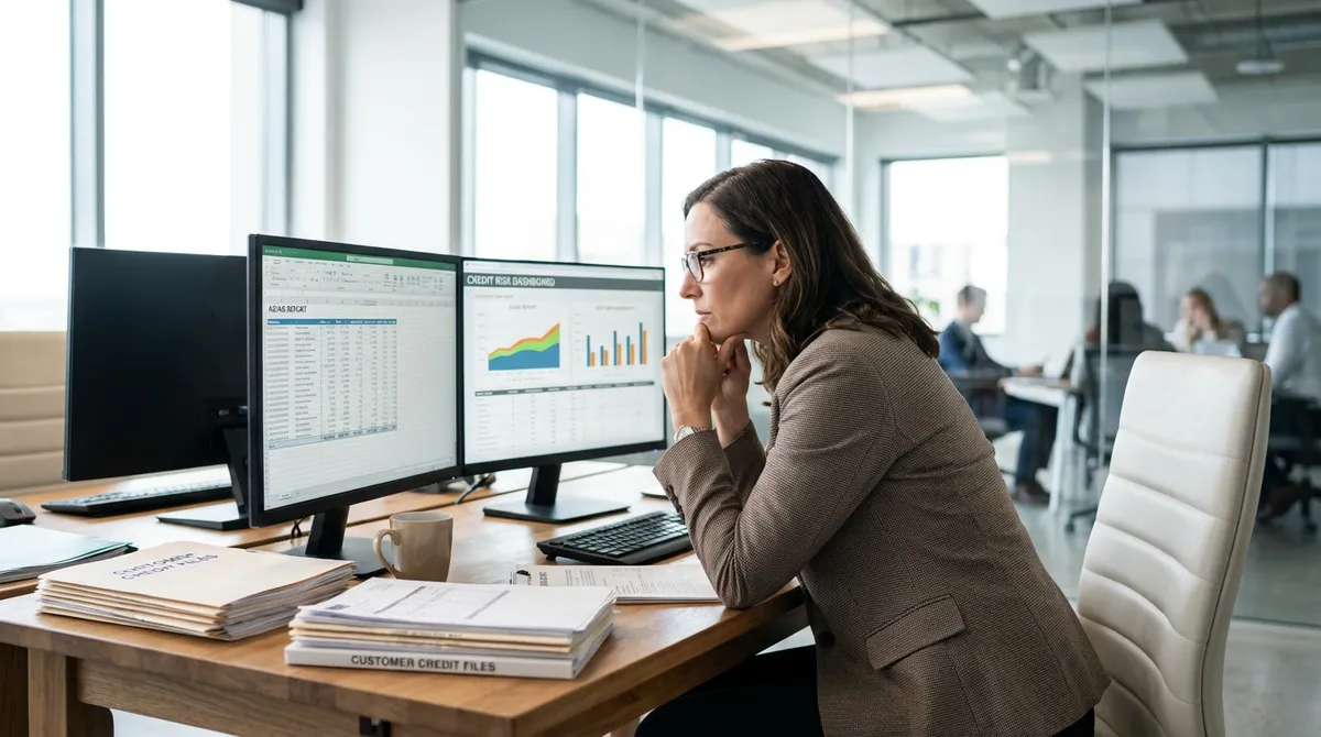 Finance professional reviewing credit reports and customer files on dual monitors