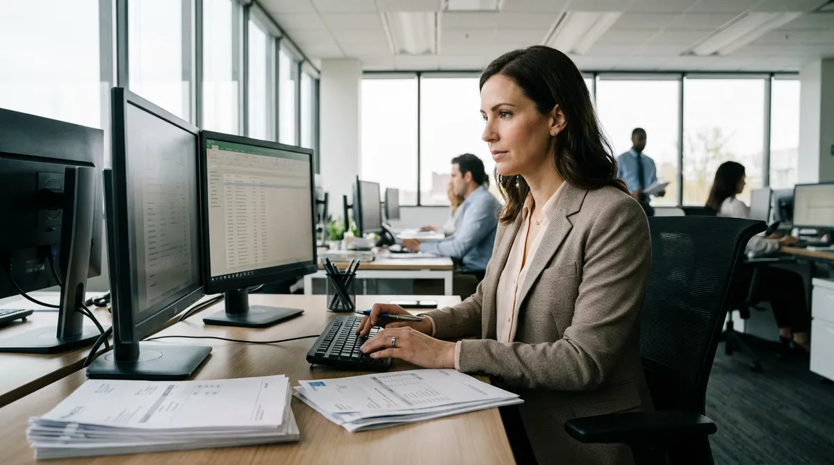 Finance team member recording payments and processing invoices at desk